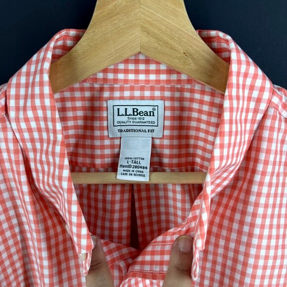 L.L.Bean Mens Orange Gingham Check Short Sleeve Button-Up Shirt Size L-Tall - Picture 2 of 6